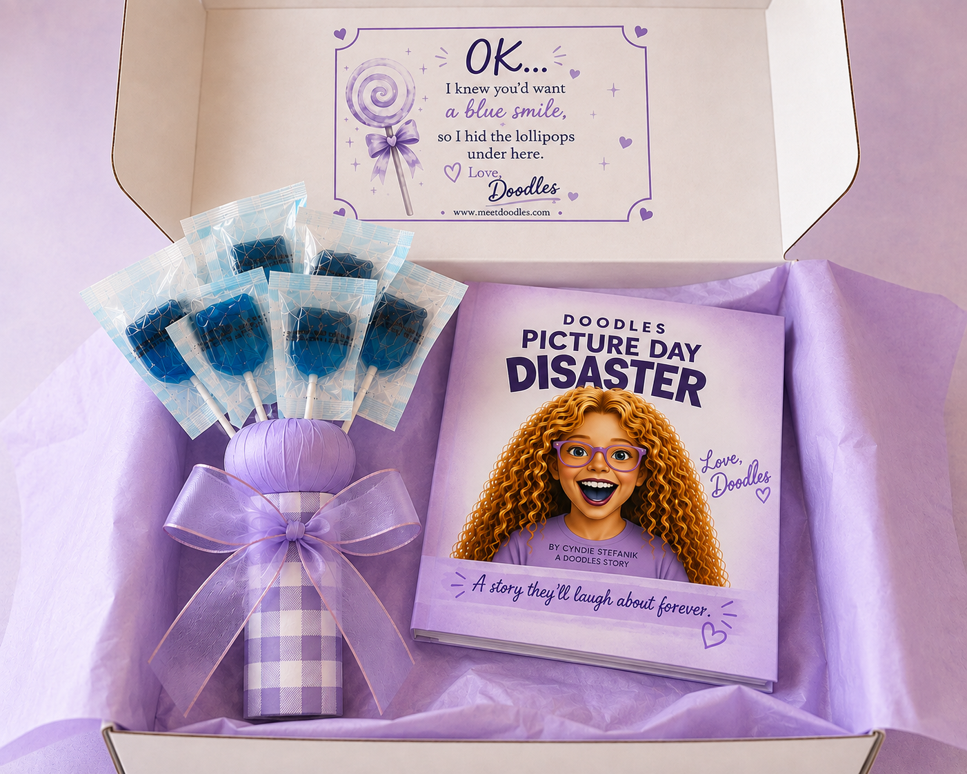 Blue Smile Book Bundle — signed copy with blue lollipop bouquet